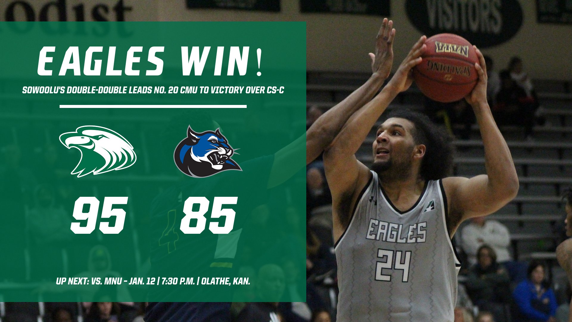 Sowoolu's double-double leads No. 20 CMU to victory over Culver-Stockton